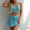 H80S90 Lace Up 2 Sztuka Bikini Beach Nosić Kobiety Hand Crochet Knit Bodycon Top + Spódnica Cover Ups Women's Swimwear