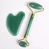 2 PC Zestaw Jade Walcowe Gua Sha Skrobak Naturalny Kryształ Rose Kwarc Rolki Masaż Neck Eye Body Beauty Health Care Tool