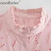 Yaz Kadın Hollow Nakış Yan Yarık Pembe Bluz Kadın Uzun Kollu Gömlek Casual Bayan Gevşek Tops Blusas 210604