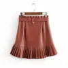 Fitaylor Women Chic PU Leather Pleated Skirt Ruffles Tie Belt Waist Pocket Zipper Fly Ladies Elegnt Mini s Jupe Femme 210621