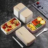 Przenośny Podwójny Lunch Box Drewniany Kuchenka Mikrofalowa BPA Japońska Duża pojemność 1200ml Student Bento 210423