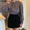 Matakawa Single-Breasted Losed Puff Sleeve Blusas Korea Chic Cute Peter Pan Collar Kobiety Bluzki Hit Color Plaid Ladies Koszula 210513