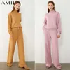 AMII Minimalism Autumn Winter Women Fashion Solid Turtleneck Sweater Tops Causal Elastic Waist Loose Female Pants 12040358 Y0625