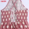 Tangada Fashion Pink Dots Print Halter Dresses for Women Back Lace Up Female Casual Beach Dress CE182 210609