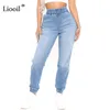 Elastisk midja dragsko harem jeans sexiga blekmedel tvättar denim byxor med fickor höst streetwear blå stretch jean byxor 211129