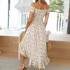 Holiday asymmetrical floral print dress womens slit Ruffle smocking sexy High waist summer beach midi es vestidos 210508