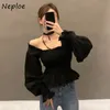 Chic Fungus Patchwork Square Collar Women Blouse Pleated Slim Waist Ruffles Femme Blusas Elegant Lantern Sleeve Shirt 210422