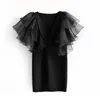 Sexy diepe v-hals zwarte jurk cascading ruches vlinder mouw organpatchwork vestido slanke mini vrouwelijke chic es 210430