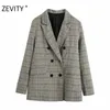 Zevity Women Chic Plaid Drukowanie Wypoczynek Blazer Płaszcz Ladies Długi Rękaw Podwójny Slim Slim Outwear Garnitury Topy CT585 210603