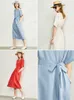 Minimalism Causal Women's Dress Offical Lady 100%Linen Oneck Loose Belt Calf-length Summer 12140192 210527
