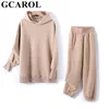 Gcarol Fall Winter Womenの長いフード付きスーツ80％綿フリース特大ボーイフレンドスウェット弾性ウエストハーレムパンツセット210727