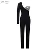 Winter Women Black Sequins Maxi Jumpsuits Sexy One Shoulder Long Sleeve& Full Pants Club Bodysuit Rompers Jumpsuit 210423