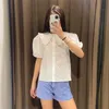 ZA Women White Embroidered Shirt Short Puff Sleeve Eyelet Embroidery Summer Tops Chic Front Button Woman Openwork Blouse 210602