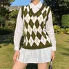 Vintage argyle y2k camisola de alças mangas de malha coletes de camisola de malha para mulheres Nova estética V Neck Feminino Knitwear Pullover Jumper 210415