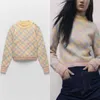Za Cute Knit Argyle Sweater Women Long Sleeve O Neck Jewel Buttons At Shoulder Pullover Female Fashion Rib Trim Winter Top 210602