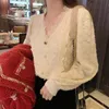 Lace stickad tröja kvinnor våren koreanska stil puffer ärm v-neck kontor elegant pullover kvinnlig casual vintage toppar chic 210521