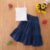 Kids Baby Meisje Kleding Set 2021 Zomer Kinderen Effen Kleur Ruched Cami Crop Top + Ruche Denim Rokken Casual Girls Outfits