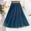 Plaid Long Pleated Tulle Skirt Women For Spring Summer Ladies Korean Red Green Black High Waist Maxi Female 210421