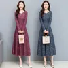 Casual Dresses COIGARSAM Women Dress Autumn 2022 Office Lady Korea Style Print Long Sleeve Woolen O-Neck Red Blue Robe Vestidos