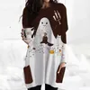 Halloween Kobiety Sukienka Dorywczo O Neck Z Długim Rękawem Loose Mini Es List Dynia Świeca Czaszka Print Pocket Ladies Vestido 210526