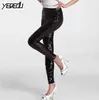 # 0503 Spring Summer Punk PU pusquins leggings sequin byxor elastisk hög midja sexig klubb faux läder glänsande silver / guld / röd 211215