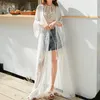 Summer Women Boho White Beach Maxi Dress Lace Embroidery Hollow Out Belted Sexy Transparent Tulle Long Cardigan 210415