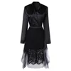 Весна и осень V-образным вырезом воротник с длинным рукавом кружева лоскутная сетка темпераментный костюм черный платье для женщин GX1074 210421
