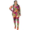 Geometria Impresso Jogger Mulheres 2 Piece Set Manga Longa Túneica Túnica Cintura Alta Calças de Calças Primavera Outono Estracete Estilo 210525