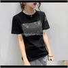 Sequined Rhinestone Fransed Tshirt Shortsleeved Womens Summer Loose Koreanska T-shirt Svart Vit Tees Fashion NbVl2 Qufwo