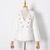Kadın Takım Elbise Blazers Bahar Sonbahar Rahat Beyaz Tüvit Kadınlar Için Zarif Şık Çift Göğüslü Yüksek Sokak Ofis Resmi Büyük Boy XL
