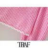 TRAF Women Sweet Fashion With Lace Plaid Cropped Blouses Vintage Square Collar Long Sleeve Female Shirts Chic Tops 210415