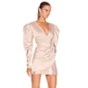 Robe satinée rose féminine gratuite V-collier bulle longue manche bodycon drapée mini célèbre club de fête vestido 210524