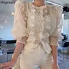 Koreański Kwiat Mesh Elegancka Bluzka Kobiety Słodki Z Długim Rękawem Zobacz przez Button Shirt Kobieta Moda Chic Top 14320 210512