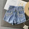 Kvinnor Mode Retro Studded Beaded Tassel High Waist Slim Wide-Ben Jeans Shorts Kläder Sexig Denim S019 210527