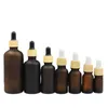 Bottiglia di vetro Frost Brown Imballaggio cosmetico Contenitore ricaricabile Contagocce in gomma Fiale di olio essenziale vuote 5ml 10ml 15ml 20ml 30ml 50ml 100ml Coperchio in plastica in finto legno