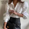 Spring Korean Office Lapel White Blouse Women Versatile Simple Bubble Sleeve Fashion Tops Single Breasted Straight Shirt 210527