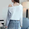 Blusas Mujer de Moda White Spliced ​​Plaid Chiffon Shirt Sexy Lange Mouwen Blouses Skew Kraag Casual Vrouwen Tops 986F 210420