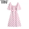 TRAF Kadınlar Tatlı Moda Polka Dot Baskı Midi Elbise Vintage Kısa Kollu Ön Yarık Kadın Elbiseler Vestidos Mujer 210415