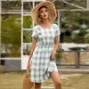 Sexy Col Ras Du Cou À Manches Courtes Femmes Robes D'été Blanc Noir Plaid Robe D'été Élégante Tunique Beach Party Soleil Mini Robe Femme 210415