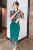 Sommer bedrucktes Chiffon-Hemd weibliche Tasche Hüfte schlanker Fischschwanzrock Retro Damen Temperament Mode Anzug 2-teiliges Set 210730