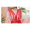 Fashion Summer Vintage Design Runway Dress Ladies Short Sleeve Floral Red Chiffon Pleated Dresses Femme Robe 210520