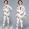 Women's Two Piece Pants Runway Cartoon Print Women Pant Suit Casual Notched Blazer Jacket+Elastic Waist Pocket Autumn Office Lady 2 Set