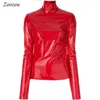 Kadınlar Faux Patent Deri Balıkçı Yaka Tops Uzun Kollu Gömlek Fermuar PVC Kazak Siyah Kırmızı PU Deri Giysi Streetwear Özel 210927