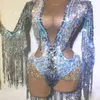 Sparkling Silver Sequin Tassel Festa Bodysuit Mulheres Esticão Dança Fringes Jumpsuit Club Bar Cantor Leotard Stage Wear 210715