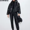 Za Women black fur faux leather jacket coat oversized zipper Winter Female Thick pu hooded jacket Overcoat High quality 210510