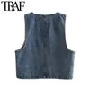 Traf Women Fashion z kieszeniami dżinsowa kamizelka kamizelka vintage v szyi bez rękawów żeńskie kamizelki