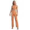 Modern orange plaid print brett benbyxor tryck upp mujer pantaloner hög midja kontrollerade byxor rakt långa slacks för kvinnor Q0801