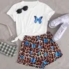 OMSJ Kvinnor Comfort Home Wear Two Piece Sets O-Neck T-shirt Shorts Leopard Sommar Enkel Stil Casual Suits 210517