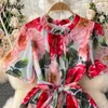 Neploe verano estampado floral gasa mini vestido mujer elegante arco vendaje cintura delgada bata femenina manga corta soporte cuello vestido y0726