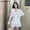 한국어 우아한 v 넥 여성 미니 짧은 드레스 단단한 하이 허리 긴 소매 드레스 가을 vestidos 드롭 210601